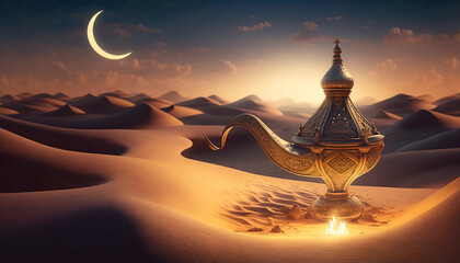 Aladdin's lamp in the desert. Generative AI