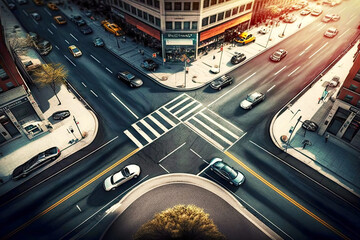 city street intersection with cars driving over asphalt road, generative ai