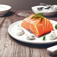 photorealistic illustration of salmon steak with lemon and parsley, generative ai