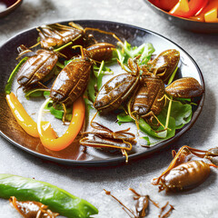 photorealistic illustration of edible insects served on plates and prepared like traditional food, generative ai