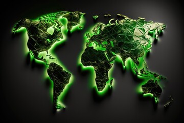 World map made of shiny glass on black background with green backlight. Generative AI