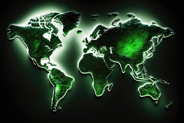 World map made of shiny glass on black background with green backlight. Generative AI