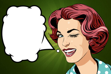 Pop art woman with pink hair smiling and winkink looking at camera with speech bubble. Portrait of young beautiful cheerful girl, retro style stylization of 20th century comic illustration