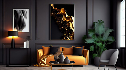 Interior of modern living room with gold and black furniture