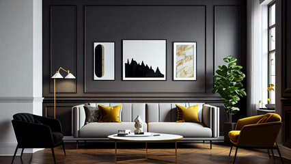 Interior of modern living room with black walls