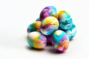 Obraz premium Creative Easter design concept with Multi color painted Easter Eggs on pure white background. Viva Magenta Color of The 2023 Year. Front view. Close up. Copy space. Generative AI