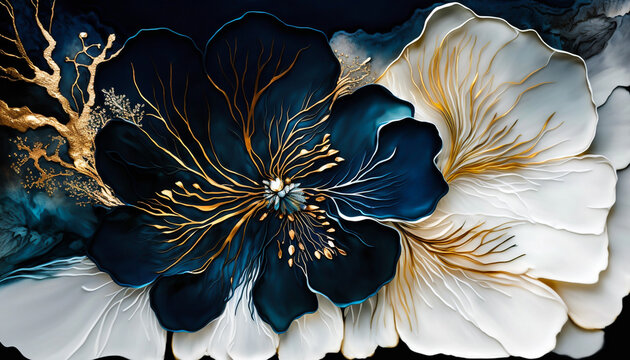 Blue and white flowers on black background, floral pattern, alcohol ink flowing, bright drawing, botanical ornament, art bouquet. Image is generated with the use of an AI.