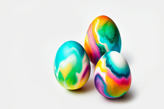 Creative Easter design concept with Multi color painted Easter Eggs on pure white background. Viva Magenta Color of The 2023 Year. Front view. Close up. Copy space. Generative AI