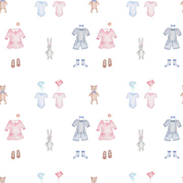 Watercolor seamless pattern. Hand painted illustration of children outfit: dress, shorts, t-shirt, socks, bodysuit, bonnet, shoes. Boy and girl clothes. Print on white background for fabric textile