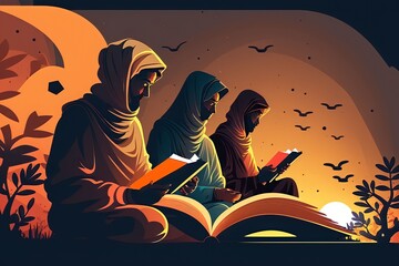muslim people reading and learning the quran illustration vector, Generative AI