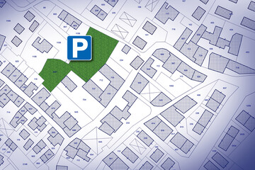 Imaginary city map with buildings, roads and central parking zone in a residential district - concept image
