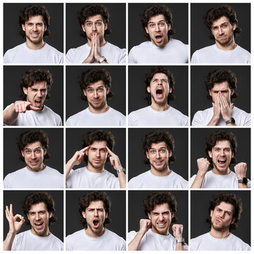 set of portraits of man with different positive emotions