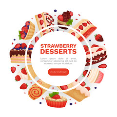Strawberry Dessert Banner Design with Sweet Creamy Pastry Vector Template