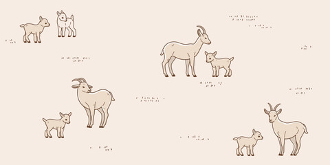 Goat with her baby in field grazing. Seamless trendy pattern with farm animal. Outline vector illustration for prints, clothing, packaging and postcards.