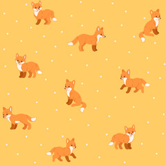Simple seamless trendy animal pattern with fox in various poses. Outline vector illustration.