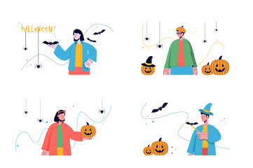 Fototapeta premium Set concept Halloween with people scene in the flat cartoon design. Children are preparing for celebrating Halloween in a cool atmosphere.