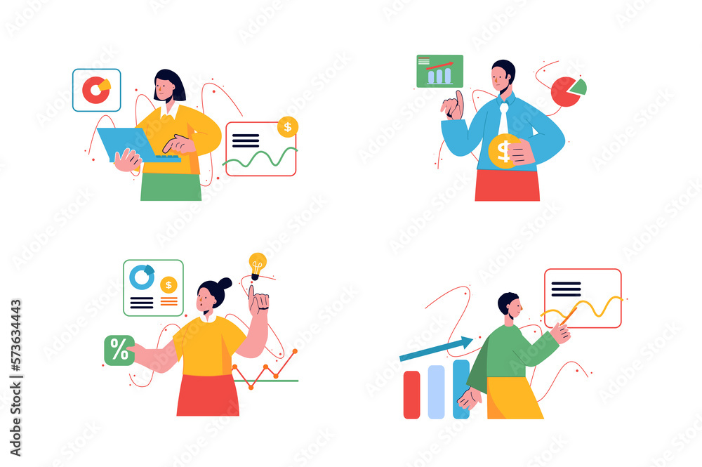 Poster sales performance set concept with people scene in the flat cartoon design. employees work with diff