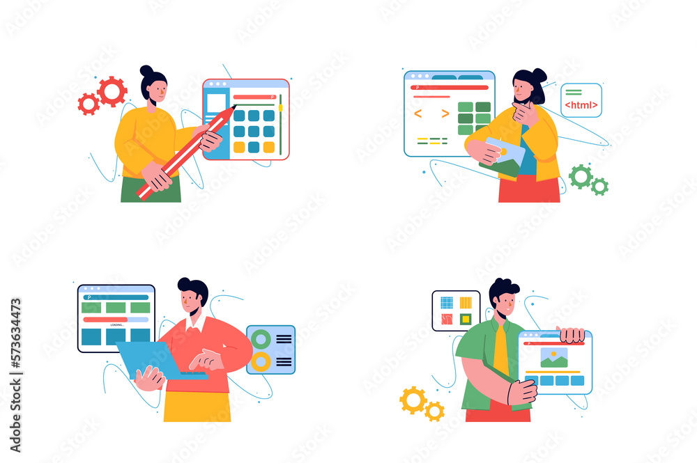 Poster web design set concept with people scene in the flat cartoon style. designers develop structure for 