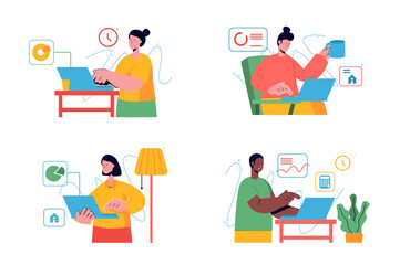 Freelance working set concept with people scene in the flat cartoon style. People work at home and earn money completing tasks on a laptop.