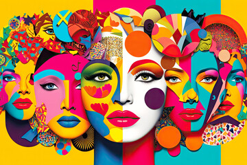 Obraz na płótnie Canvas collage of multicolored faces with cosmetics and decorations colorful face collage illustration, generative ai