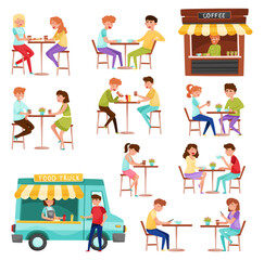 People Characters Eating Street Food at Table Outdoor Big Vector Set