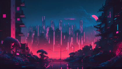 Fototapeta na wymiar night city skyline in cyberpunk style futuristic town 