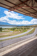 Abandoned Yahuarcocha race car circuit, with the Yahuarcocha lake in the background, on a beautiful...