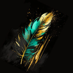 Teal Turquoise Gold Feather, metallic, native american, bird, indian, feminine, gold foil, gold metallic, pretty, beautiful, black, black background, wallpaper,