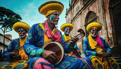 AI generated Brazilian band playing live music in the middle of a square, public selebration Festa Junina