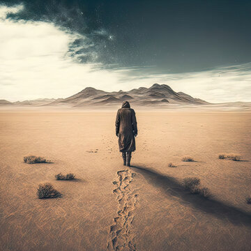 AI generated illustration of a lone figure wanders through the desert