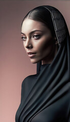 Fototapeta premium AI generated portrait of an Arab, Egyptian or Emirati young woman with her head covered in a scarf or hijab