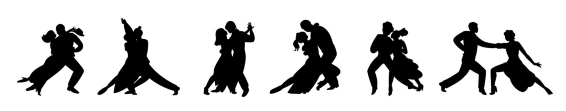 Couple dancing tango. Black silhouettes . Vector illustration