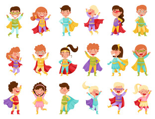 Kids Wearing Costumes of Superhero Pretending Having Powers for Fighting Crime Big Vector Set