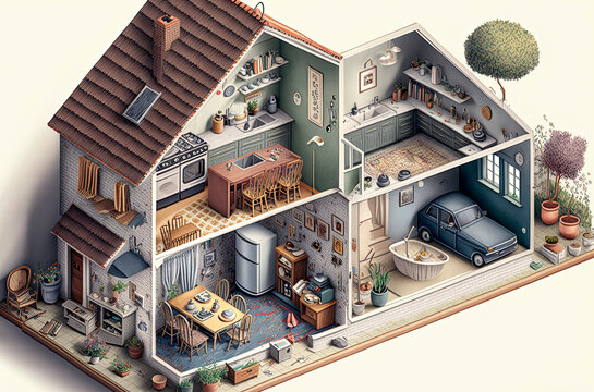 Generative AI illustration of Cutaway house isometric. Housing construction cross section
