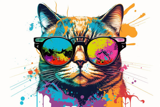 Abstract colored cat muzzle in eyeglasses, colorful paint splash on white background. T-shirt painted print, ink splashing. Modern abstract art painting. Vibrant wallpaper. Image is AI generated.