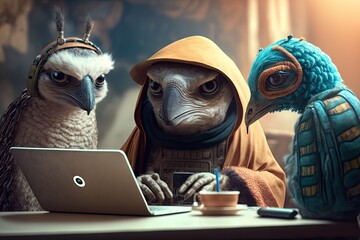 Surreal birds animals working on a meeting