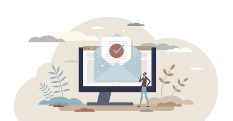 Confirmation letter and e-mail letter with completed job tiny person concept, transparent background. Online communication and verified document sending or receiving illustration.