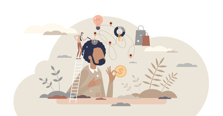 Consumer behavior research to make spend more on purchase tiny person concept, transparent background. Marketing analysis and shopping strategy monitoring to predict customer action illustration.