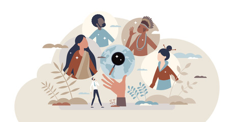 Cultural anthropology as various ethnic group research tiny person concept, transparent background. Explore multiracial and multiethnic society and community people.