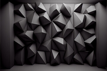 black polygonal wall and wooden flooring. Design concept. 3D Rendering