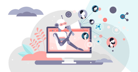 Marketing automation AI bot concept illustration, transparent background. Flat tiny persons referral lead network building algorithm digital online app service.
