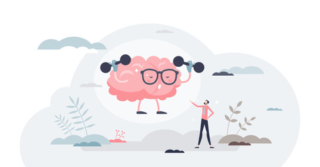 Mental toughness and psychological mind control training tiny person concept, transparent background. Self control with anger management or hard determination power illustration.