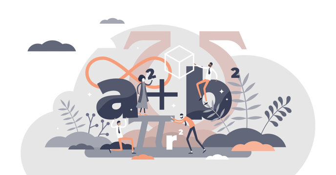 Mathematics study work about calculation and algebra science flat tiny persons concept, transparent background. Education teachers lesson in school, university and college.