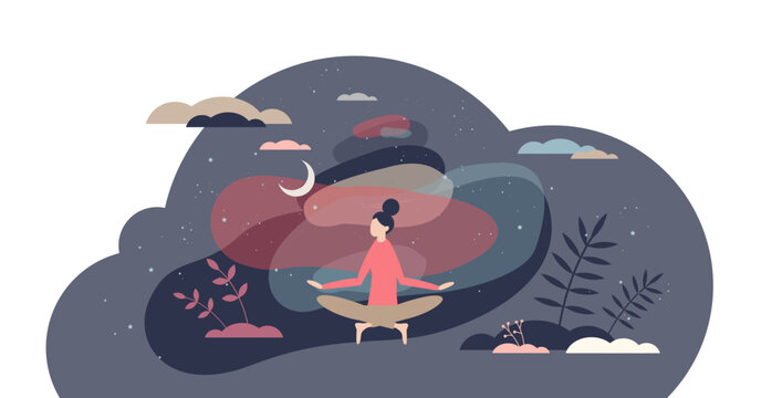 Meditation practice and yoga relaxation for body harmony tiny person concept, transparent background. Calm posture with physical balance, clear mind and soul for healthy vitality illustration.