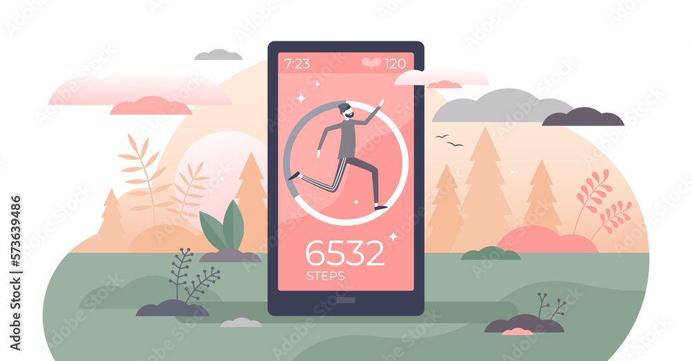 Poster step counter and pedometer activity app measurement tiny persons concept, transparent background. sp