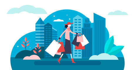 Fototapeta na wymiar Shopping illustration, transparent background. Flat tiny new purchase process persons concept. Daily urban scene with woman and many retail bags. Fashion buy and sell madness.