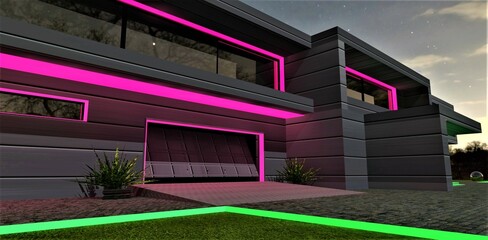 Lifting metal gate of the garage illuminated in pink at starry night. Facade of the house finished with horizontal aluminum panels. Stylish design balcony is above. 3d rendering.