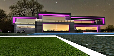 Purple luminous design elements of the suburban mansion constructed in minimalist style. Illuminated borders of the granite stone paved walkways at night. 3d rendering.