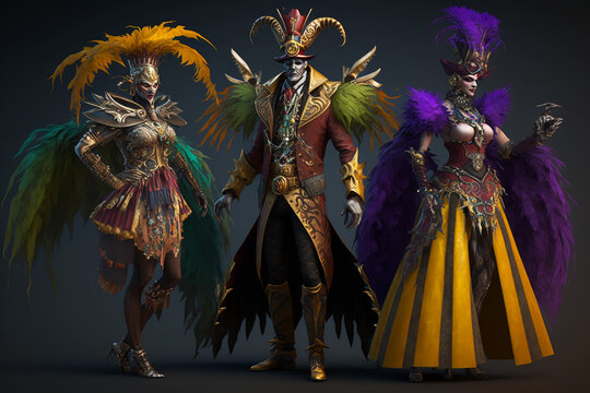 Mardi gras costumes for the carnival with fictitious people. AI generated image