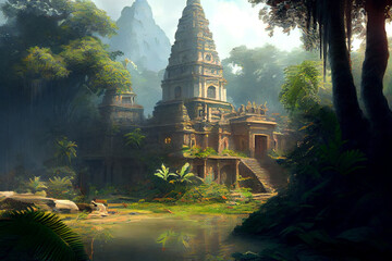Maya civilization illustration depicting ancient ruins, pyramids, and jungle landscapes with vibrant colors and intricate details, ai generative